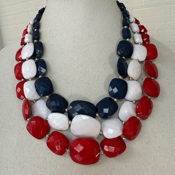 Patriotic red white blue multi strand bead necklace - Picture 1 of 5